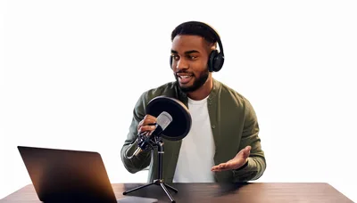 Young Black Man Recording Podcast With Laptop And Microphone