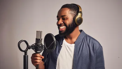 African American Man Recording Vocals In Professional Studio