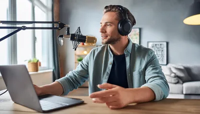 Young Man Recording Podcast In Home Studio