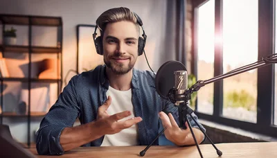 Young Man Recording A Podcast In A Home Studio