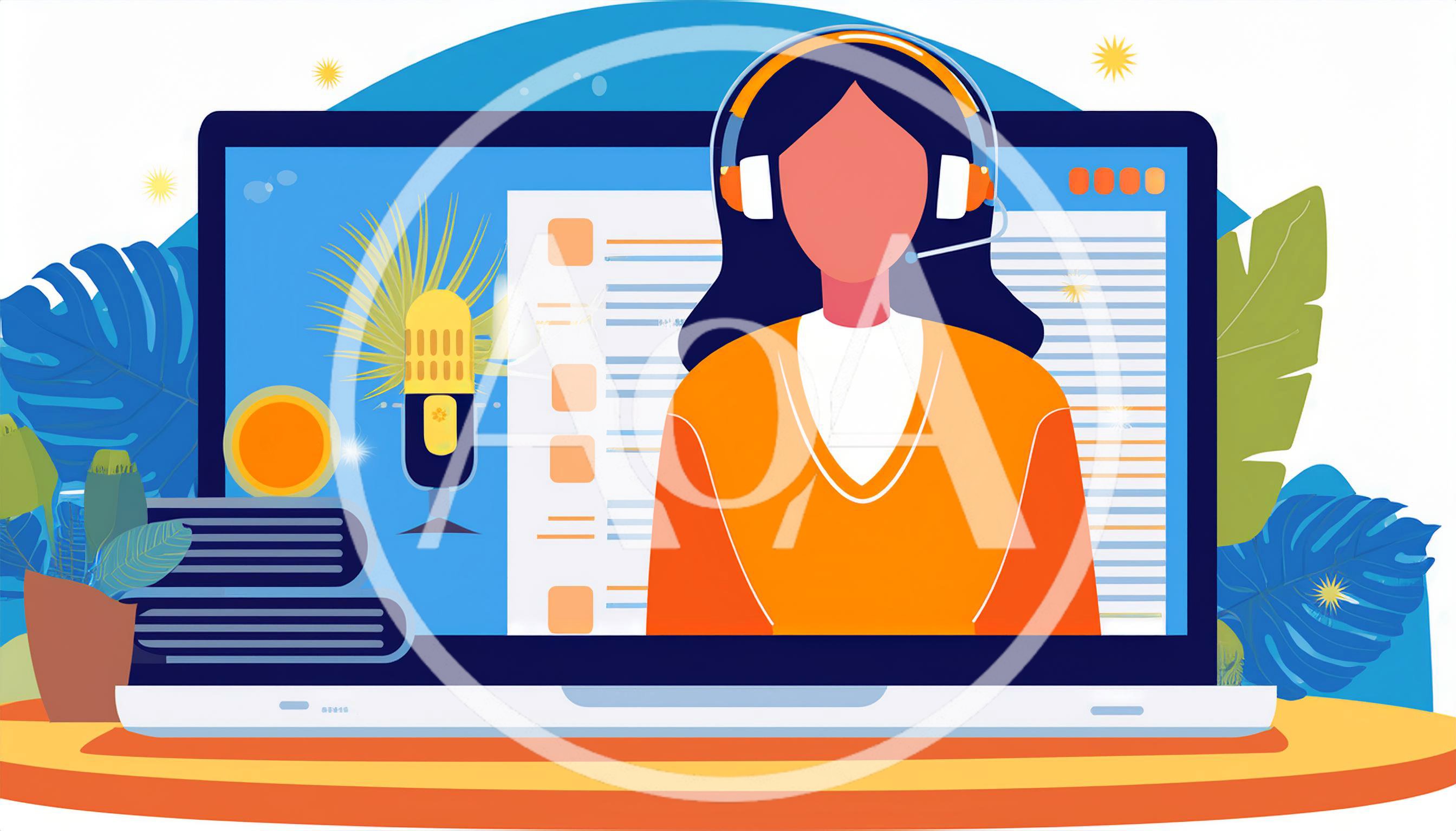 Digital Illustration Of A Podcast Host On Laptop