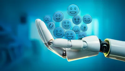 Robotic Hand Holding Floating Digital Emoji Icons