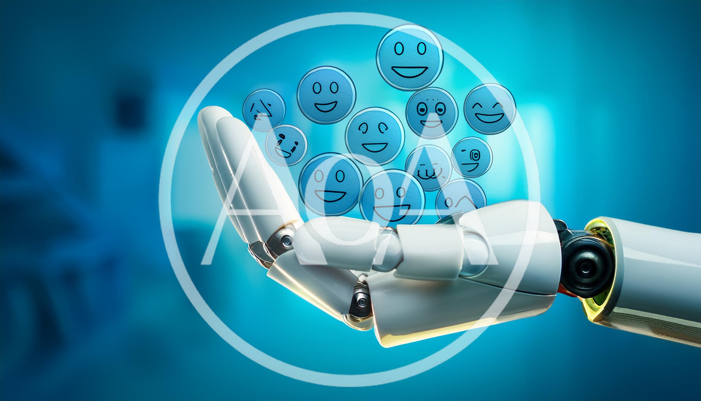 Robotic Hand Holding Floating Digital Emoji Icons