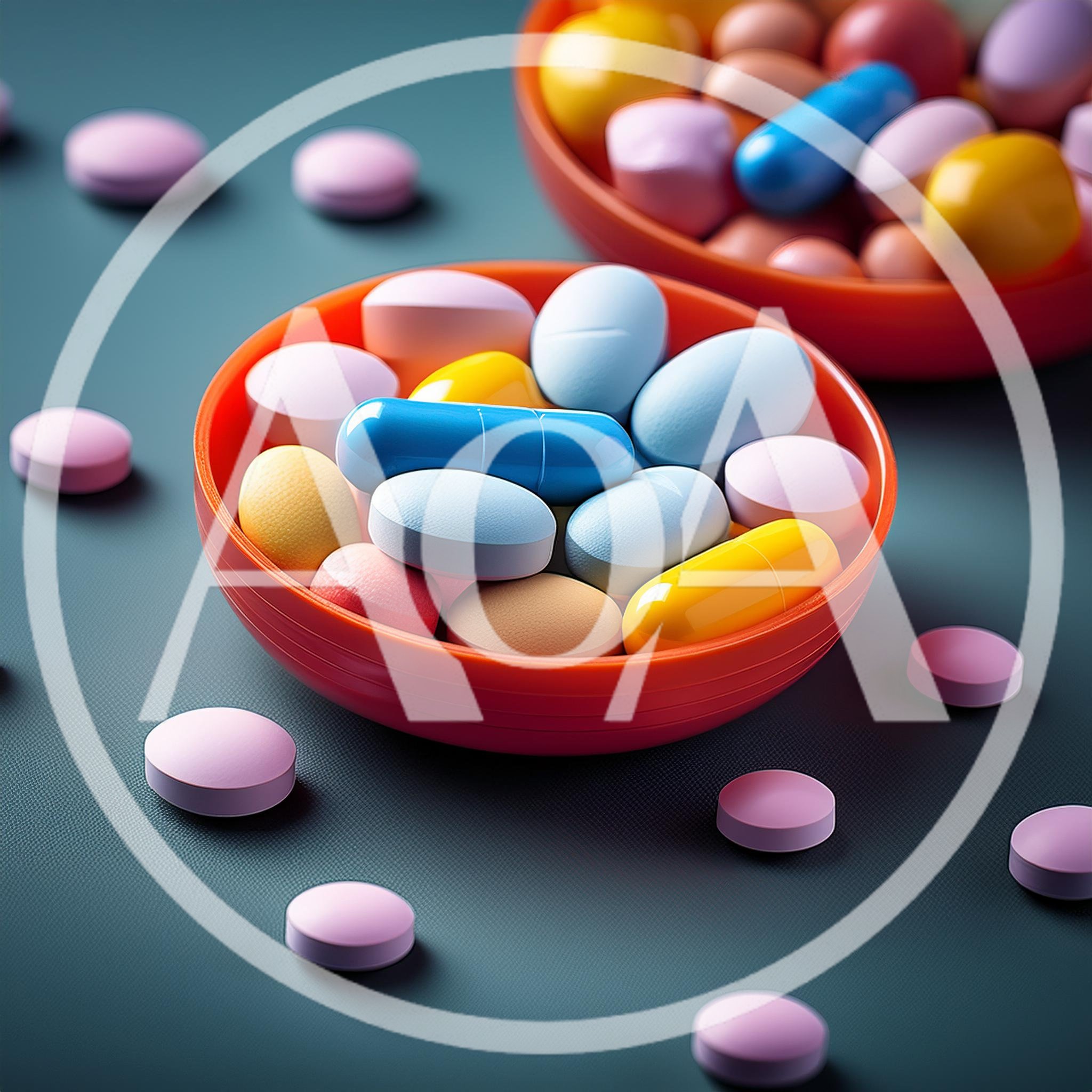 Assorted Colorful Pharmaceutical Pills in Orange Bowls