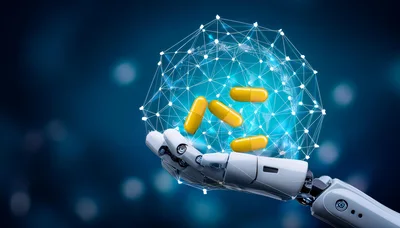 Robotic Hand Holding Digital Network Sphere With Pills
