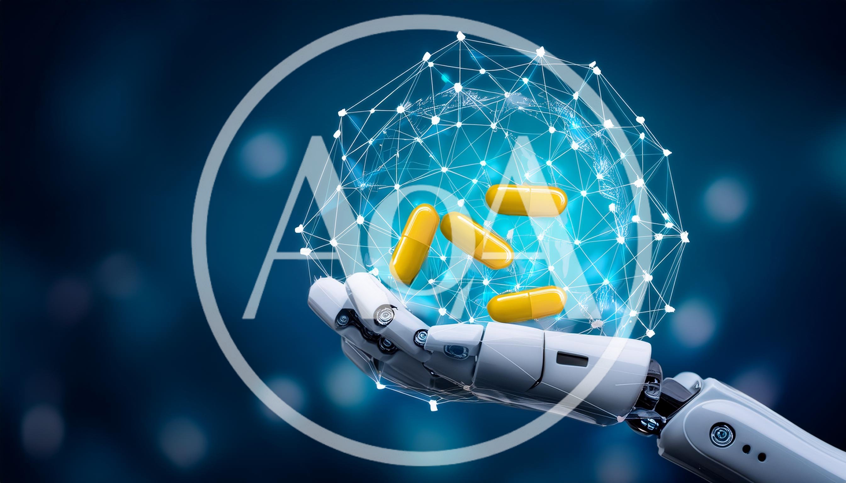 Robotic Hand Holding Digital Network Sphere With Pills