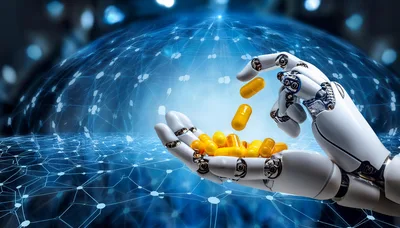 Robotic Hand Holding Yellow Medical Capsules