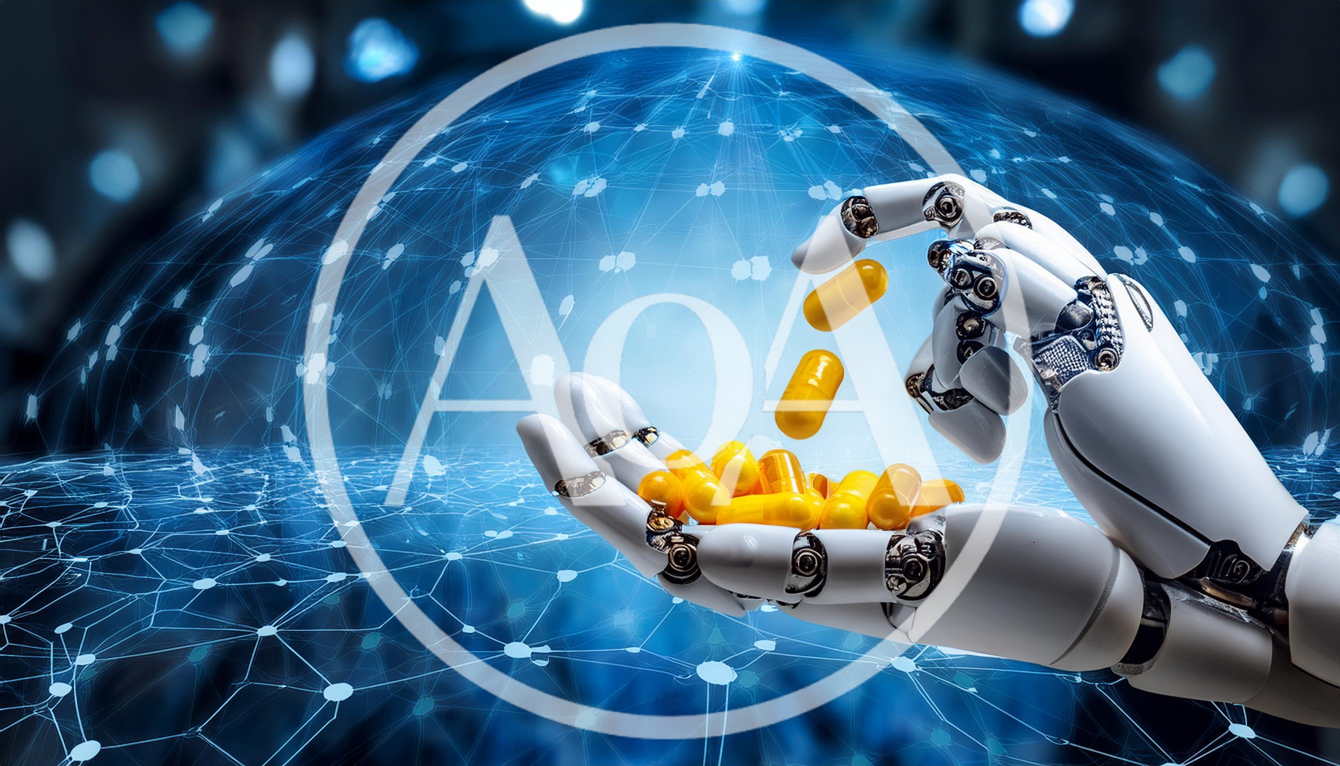 Robotic Hand Holding Yellow Medical Capsules