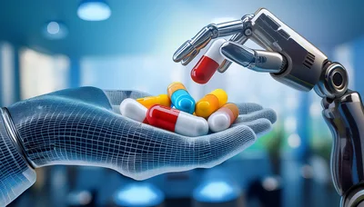 Robotic Hand Placing Pill Into Another Robotic Hand