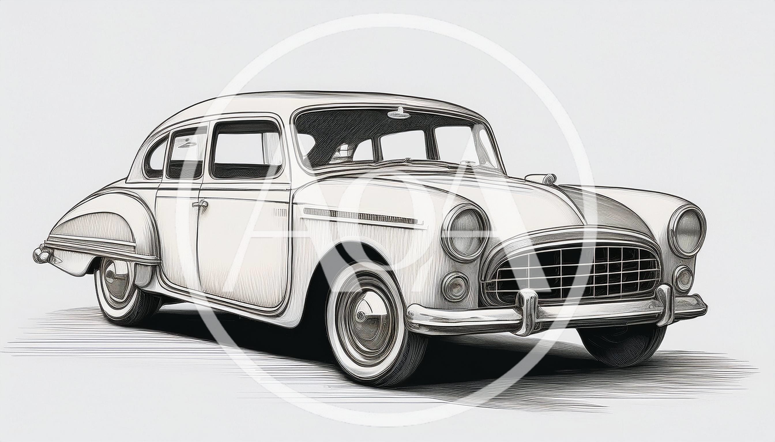 Vintage Classic Sedan Car Line Art Illustration