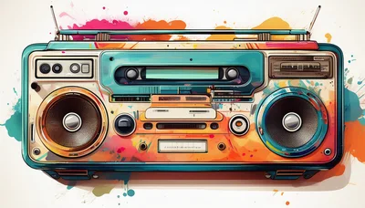 Colorful Retro Boombox Illustration With Watercolor Splatter