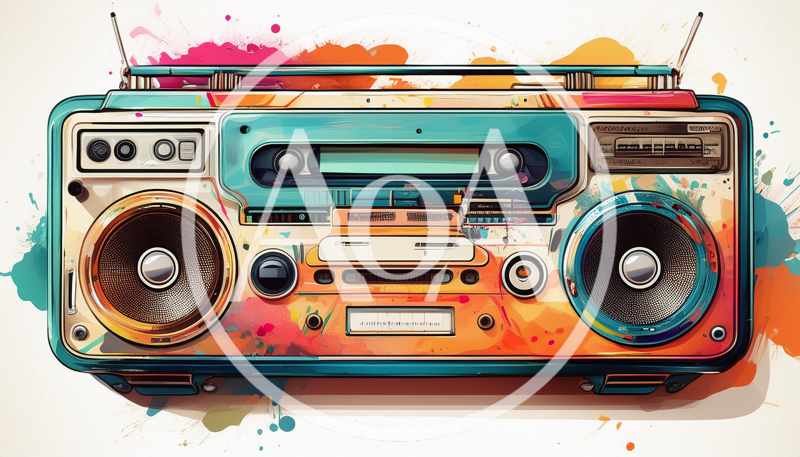 Colorful Retro Boombox Illustration With Watercolor Splatter