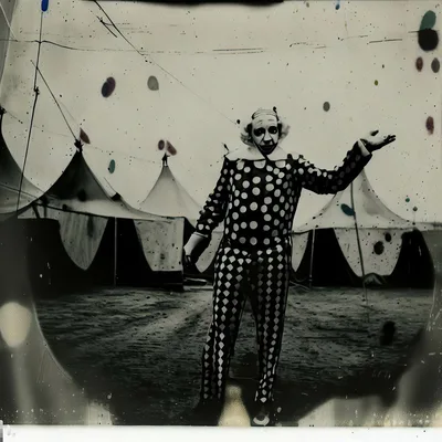 Vintage Circus Clown Standing Before Tents