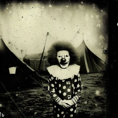 Vintage Style Circus Clown Standing In Front Of Tents