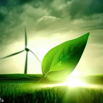 Green Leaf Symbolizing Renewable Energy With Wind Turbine