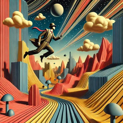 Surreal Man In Suit Floating Over Abstract Landscape