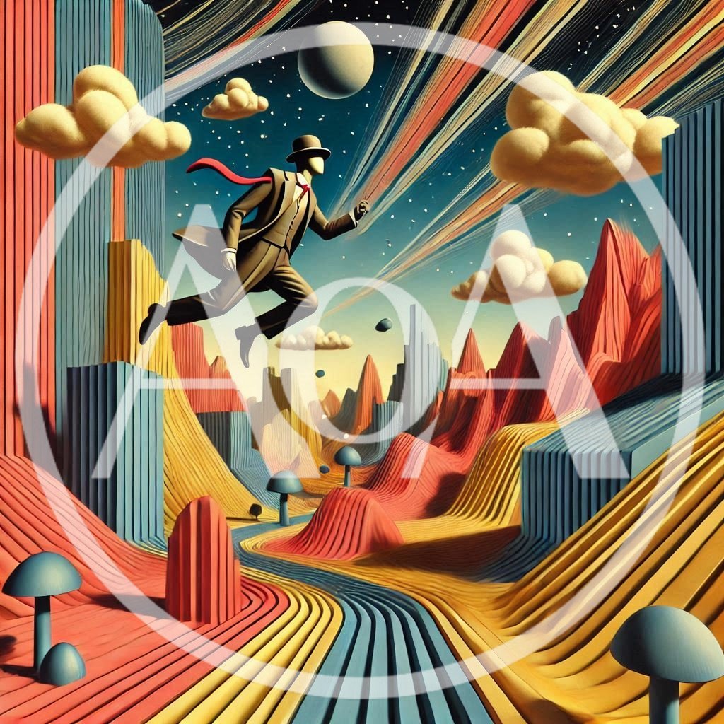 Surreal Man In Suit Floating Over Abstract Landscape