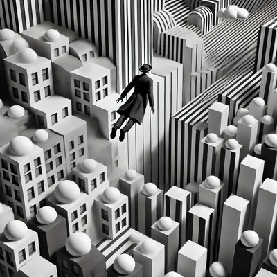 Surreal Man In Trench Coat Floating Above Abstract City
