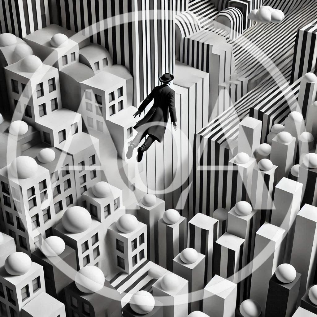 Surreal Man In Trench Coat Floating Above Abstract City