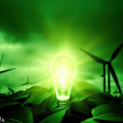 Glowing Light Bulb Amidst Wind Turbines and Foliage