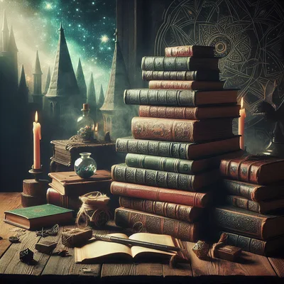 Wizard Study Desk With Ancient Books And Magic Potions