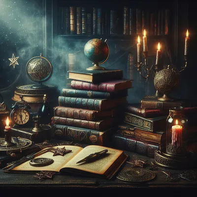 Mystical Study Desk With Ancient Books And Globes