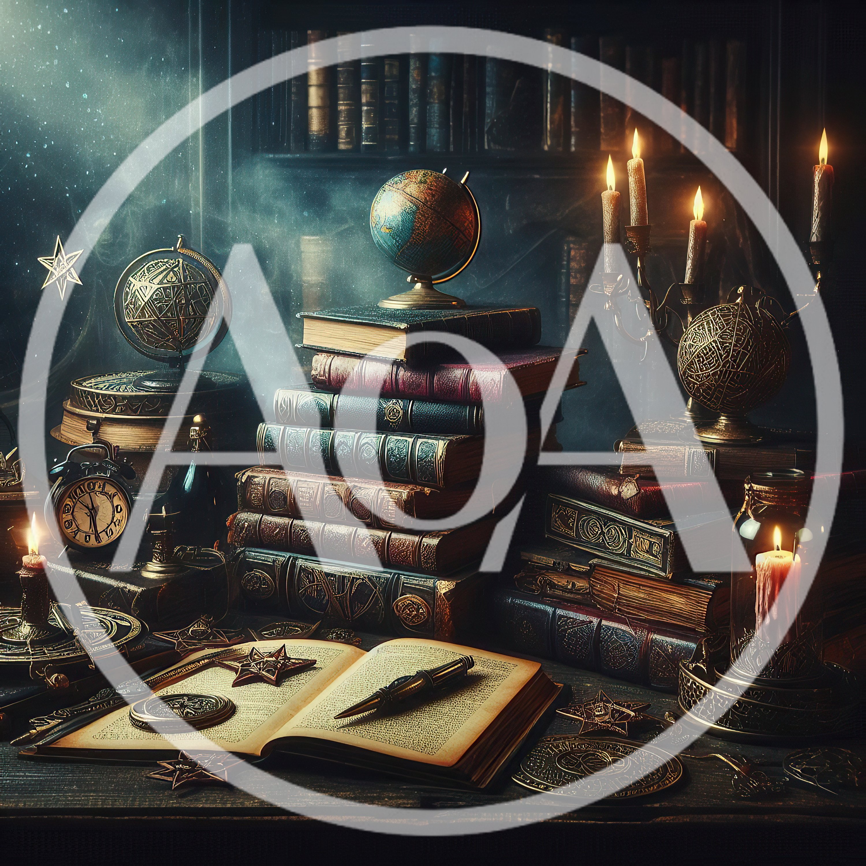 Mystical Study Desk With Ancient Books And Globes