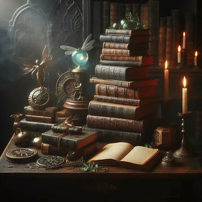 Magical Alchemist Study Desk With Ancient Books And Artifacts