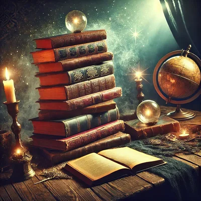Mystical Library Desk With Books And Crystal Balls