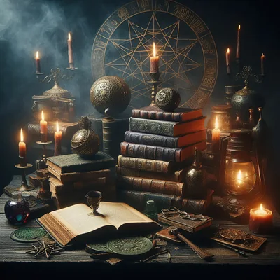 Mystical Alchemist Desk With Ancient Books And Candles
