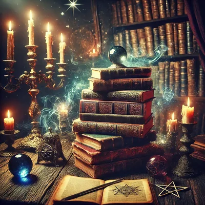 Mystical Library Desk With Magic Books And Candles