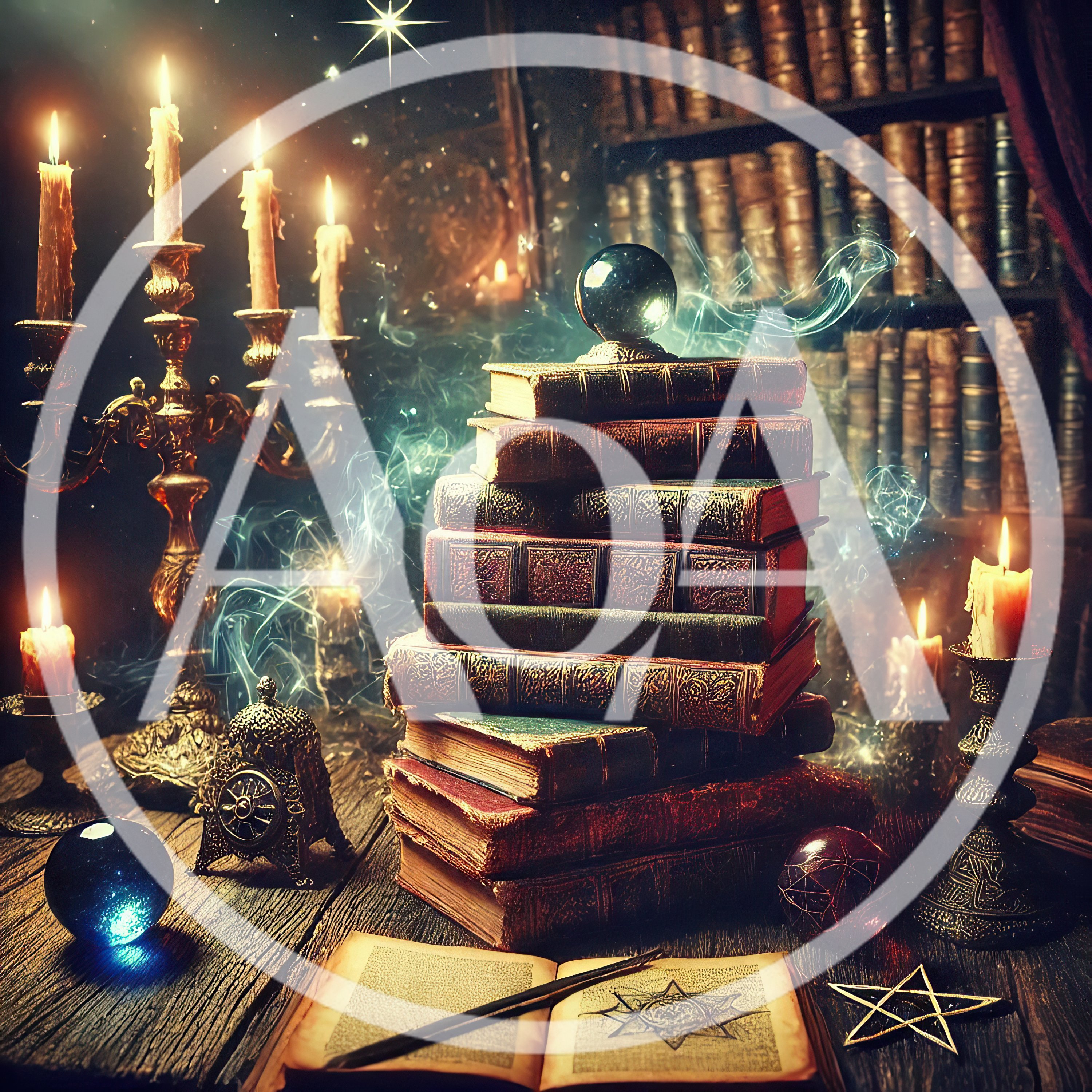Mystical Library Desk With Magic Books And Candles