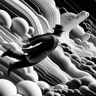 Surreal Man In Suit Floating Through Abstract Geometric Clouds