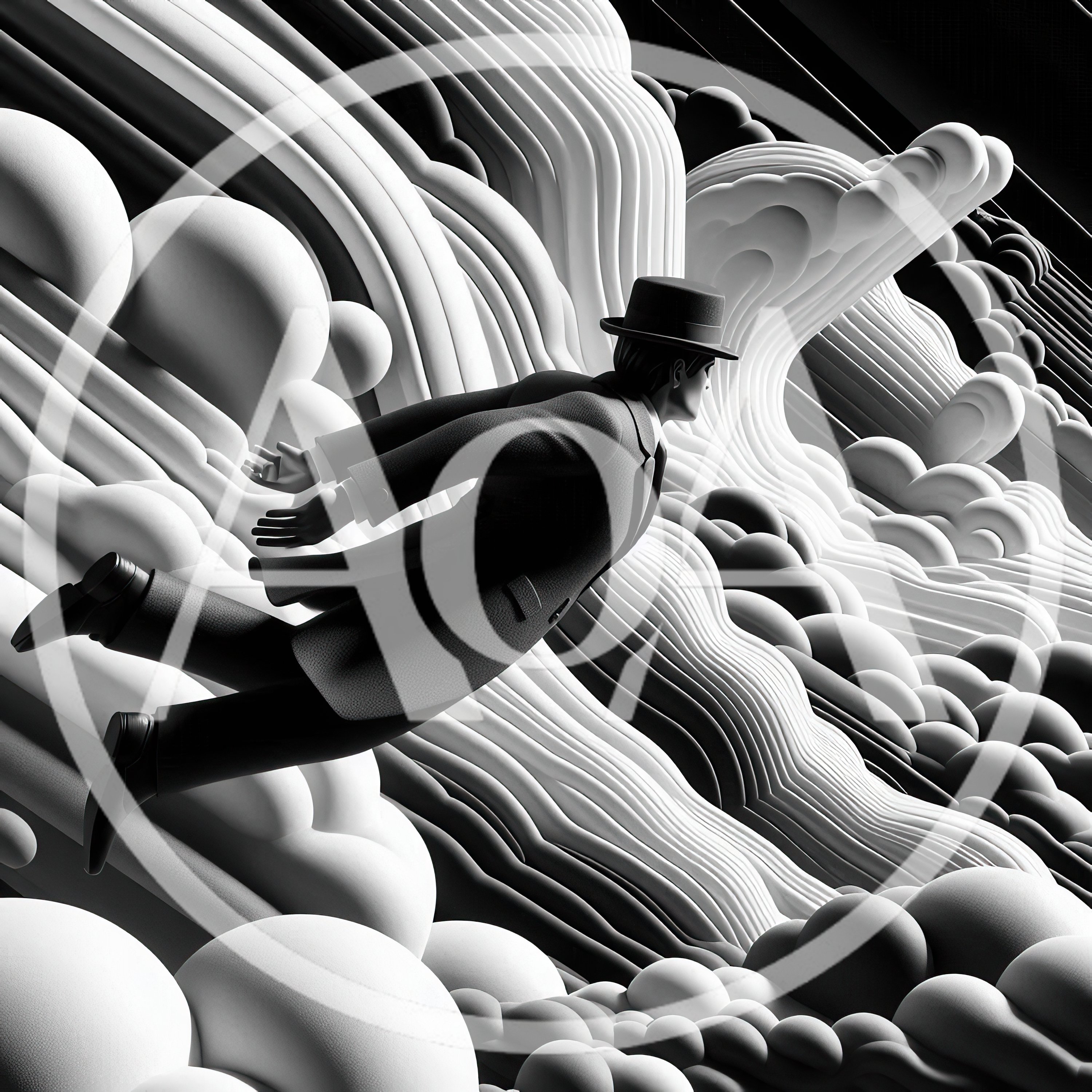 Surreal Man In Suit Floating Through Abstract Geometric Clouds