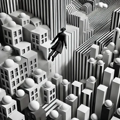 Surreal Man In Suit Floating Above Abstract Geometric City