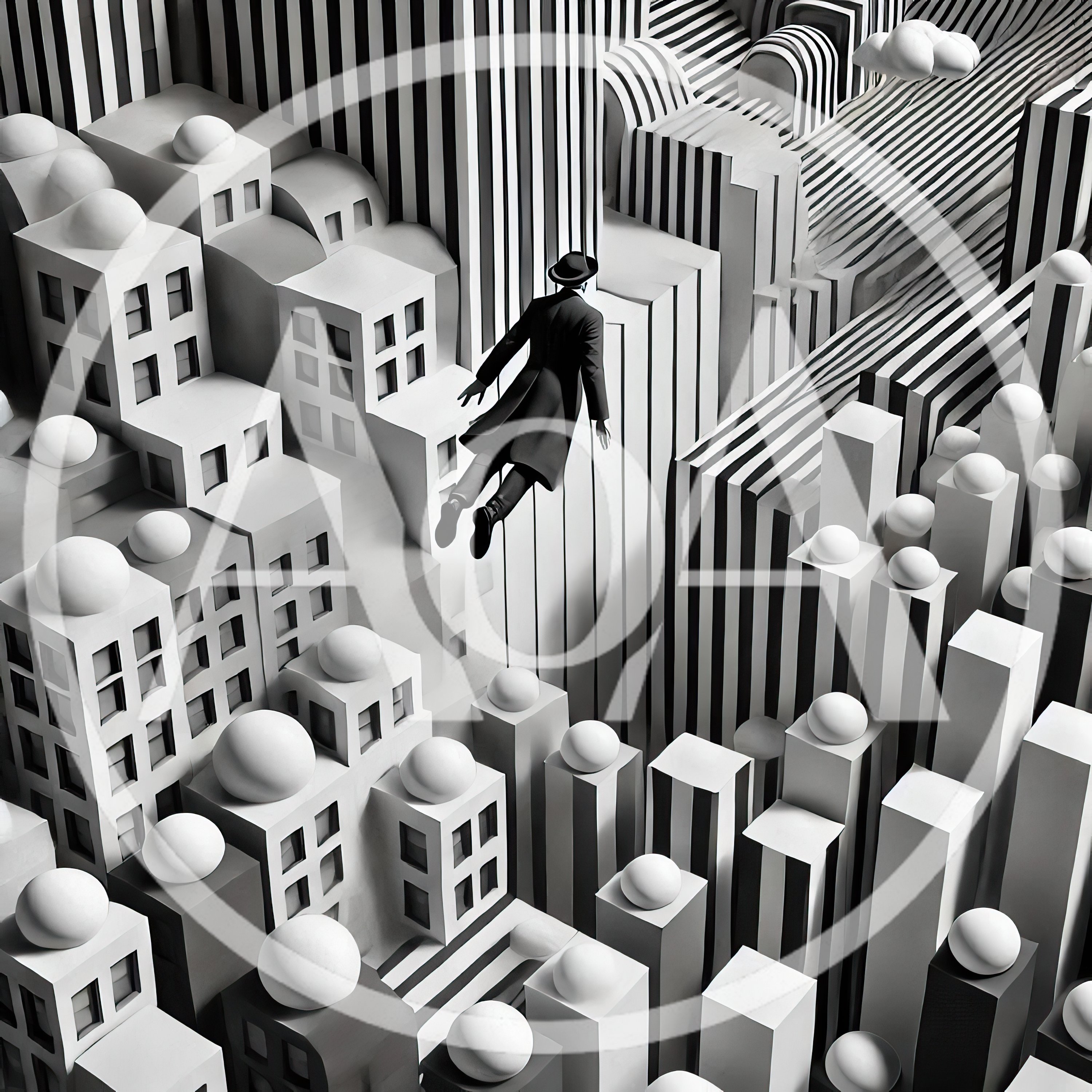 Surreal Man In Suit Floating Above Abstract Geometric City