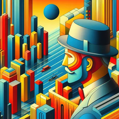 Stylized Man In Hat Overlooking Isometric Cityscape