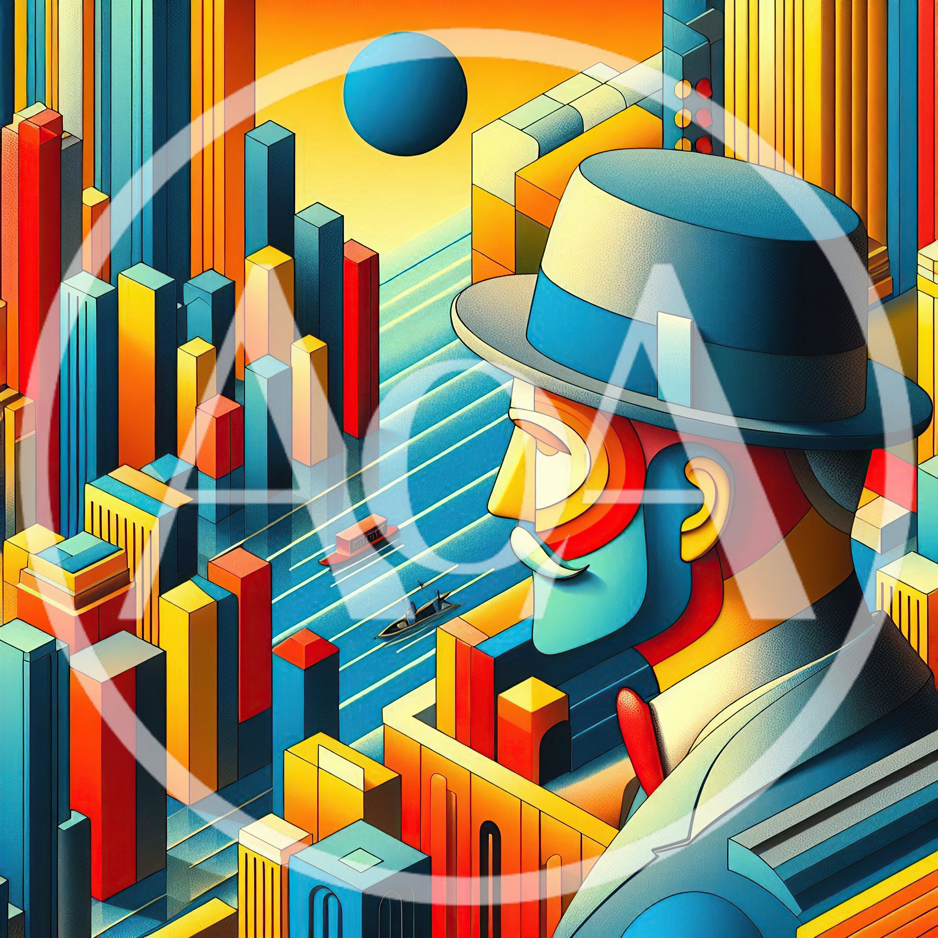 Stylized Man In Hat Overlooking Isometric Cityscape