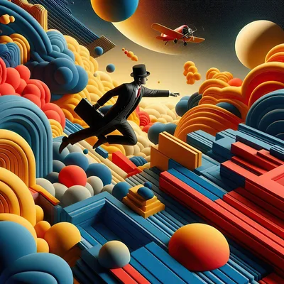 Surreal Businessman Leaping Through Abstract Geometric Cloudscape