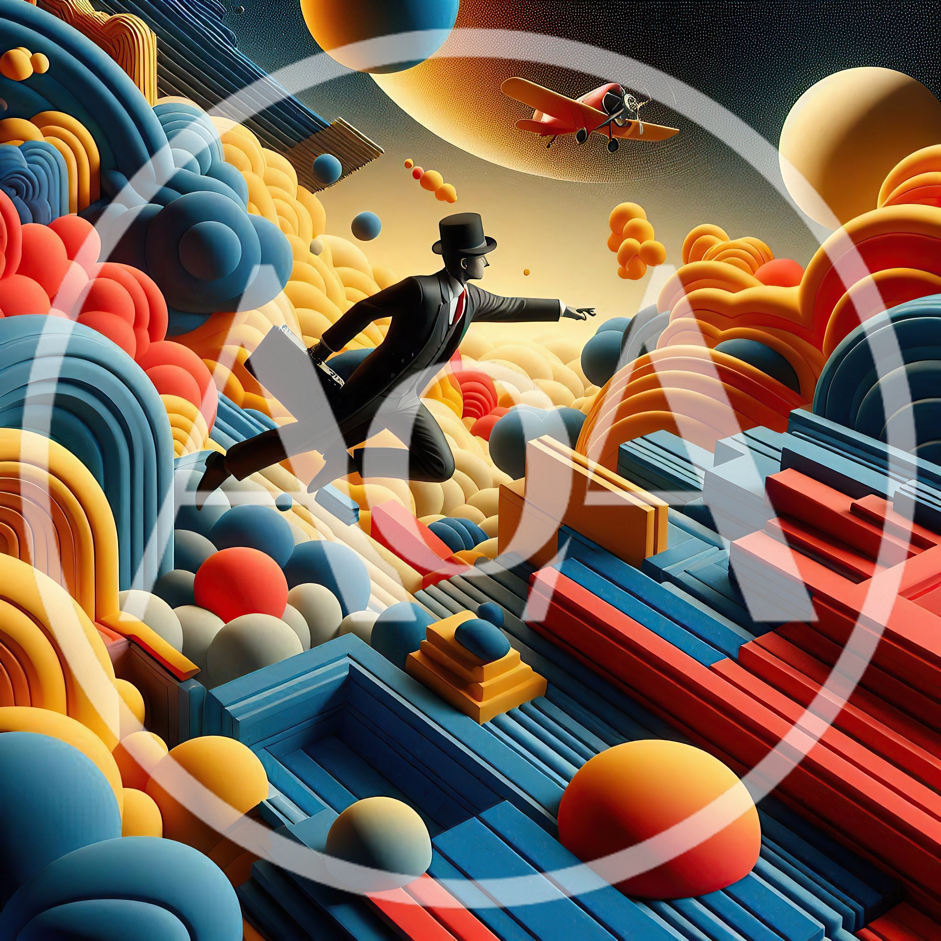 Surreal Businessman Leaping Through Abstract Geometric Cloudscape