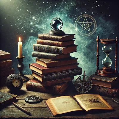 Mystical Alchemist Desk With Ancient Books And Artifacts