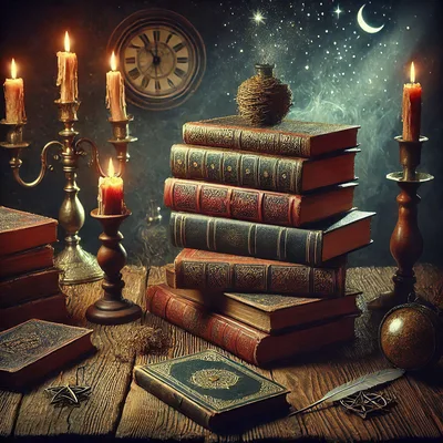 Mystical Books And Candles On A Wooden Desk