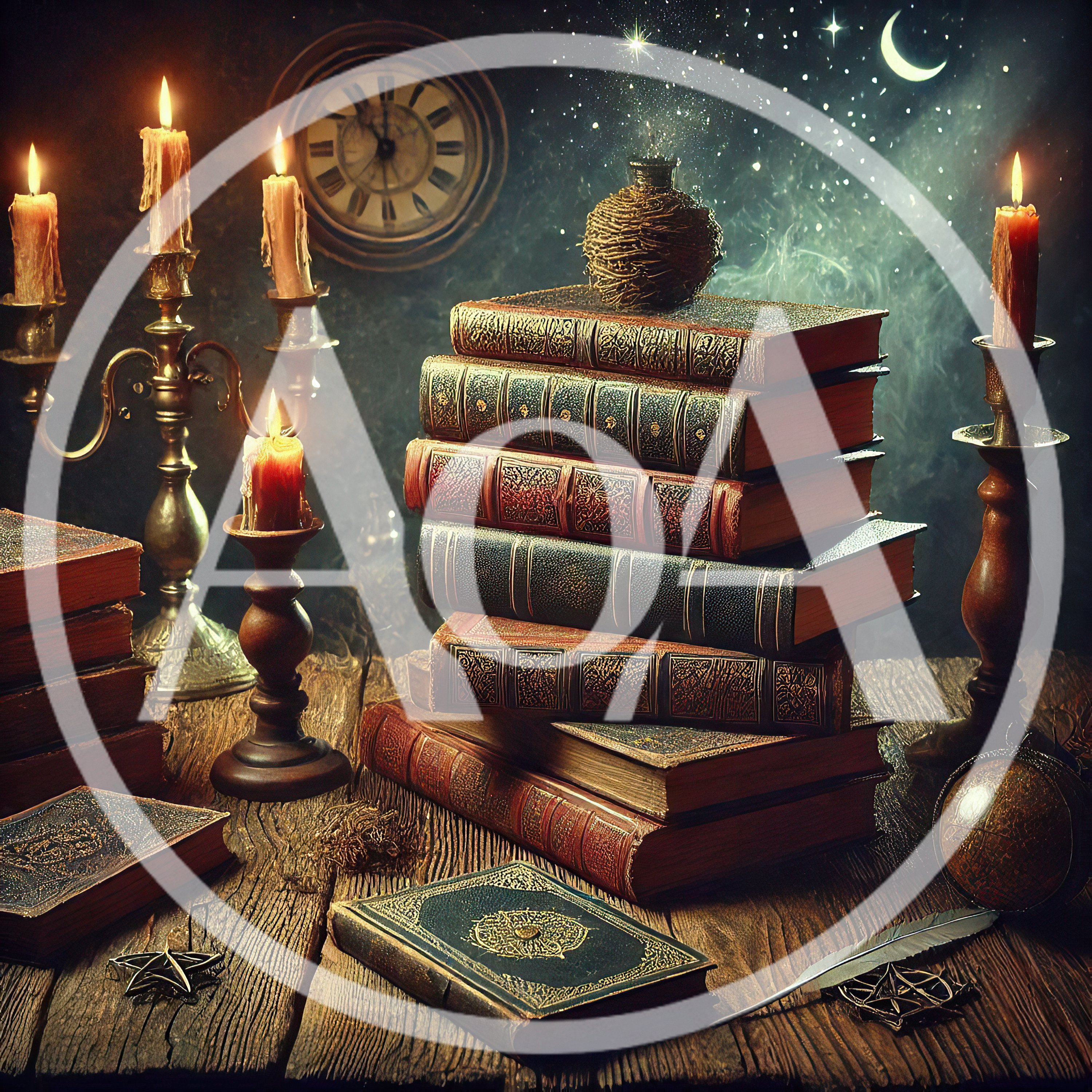 Mystical Books And Candles On A Wooden Desk