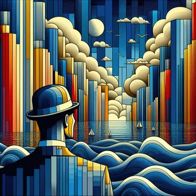 Man In Bowler Hat Looking At Abstract Cityscape