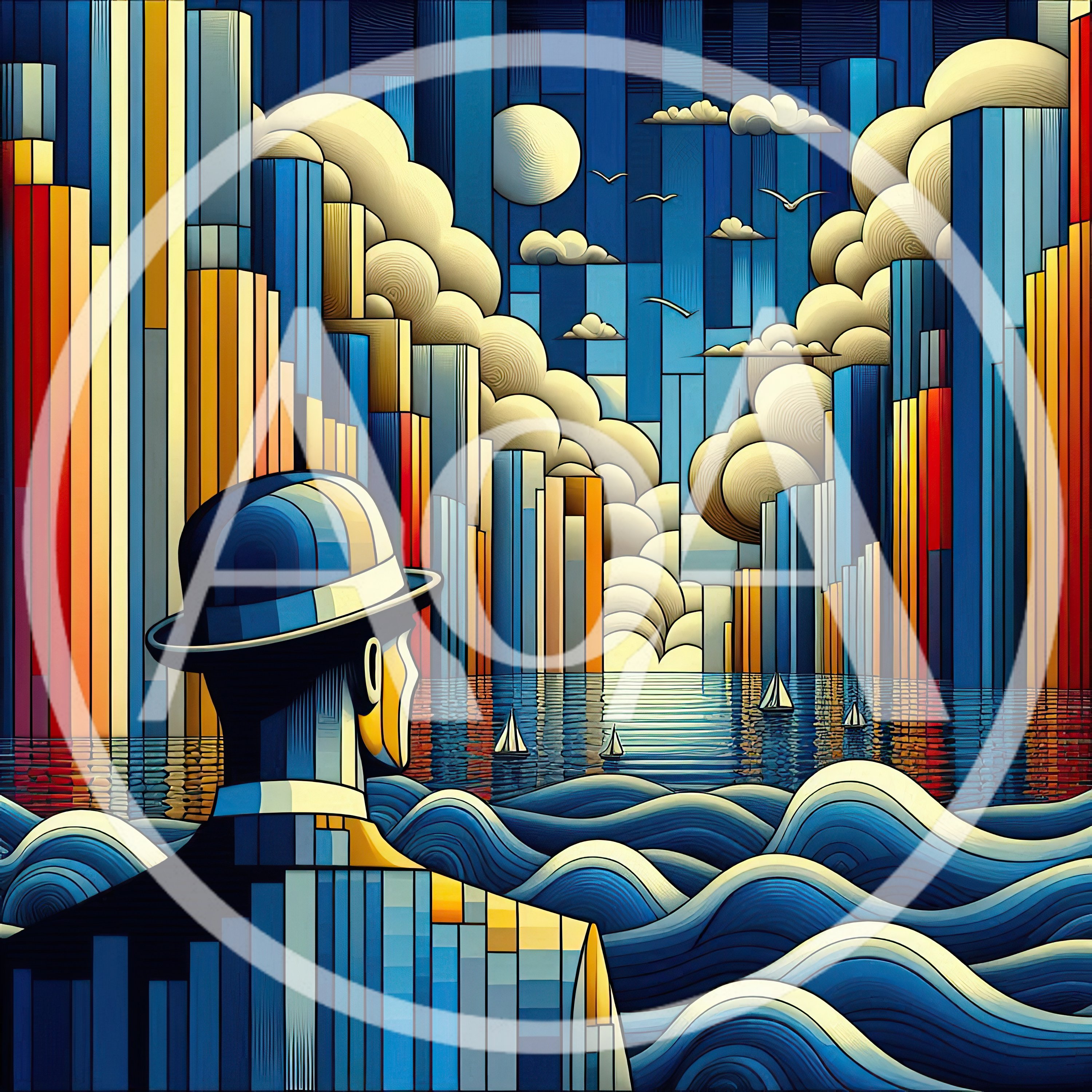 Man In Bowler Hat Looking At Abstract Cityscape