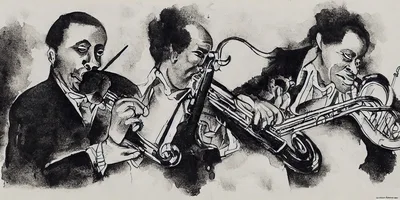 Jazz Trio Playing Brass Instruments In Ink Illustration
