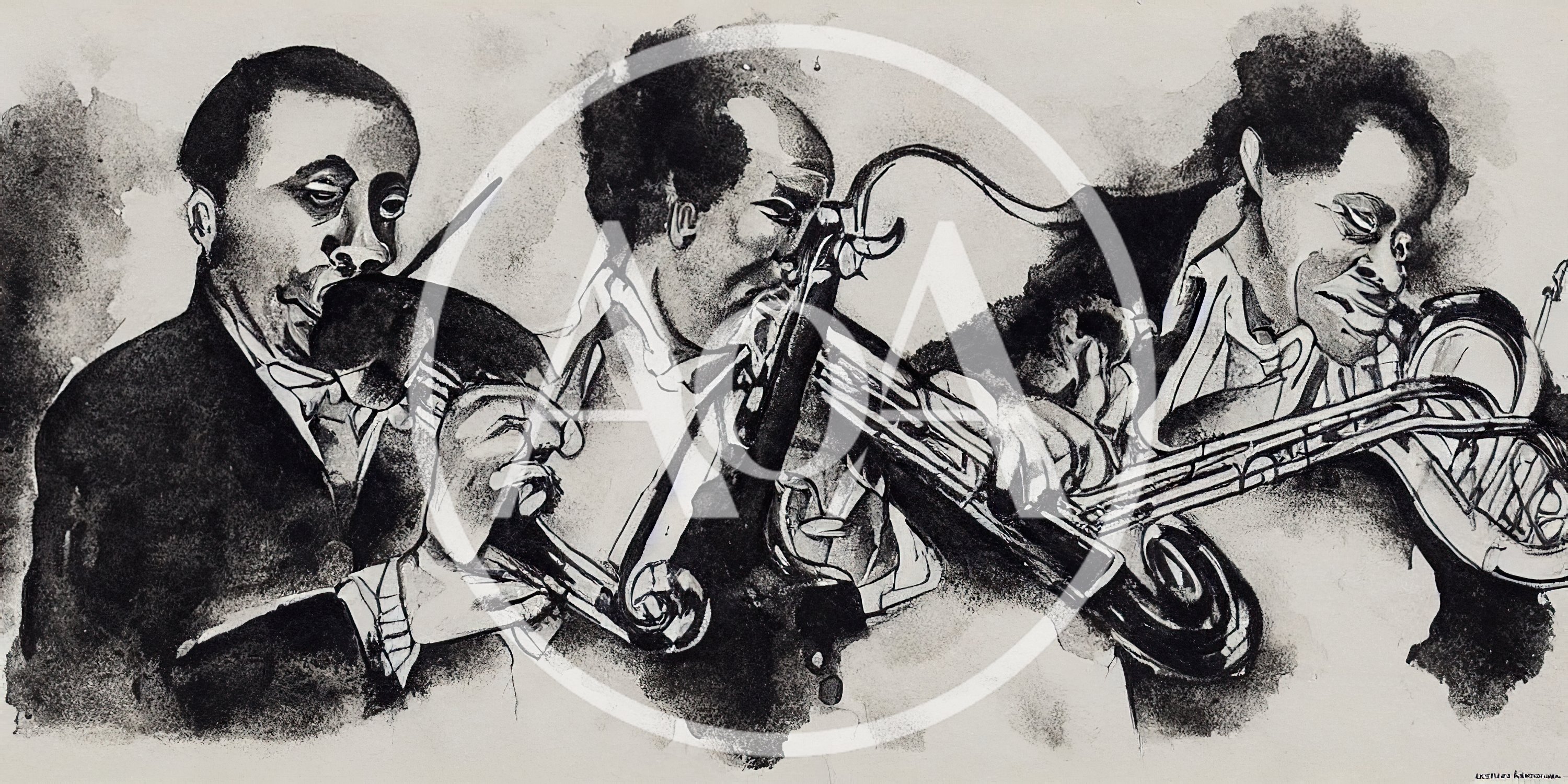 Jazz Trio Playing Brass Instruments In Ink Illustration