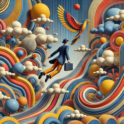 Surreal Businessman Flying Through Abstract Colorful Landscape