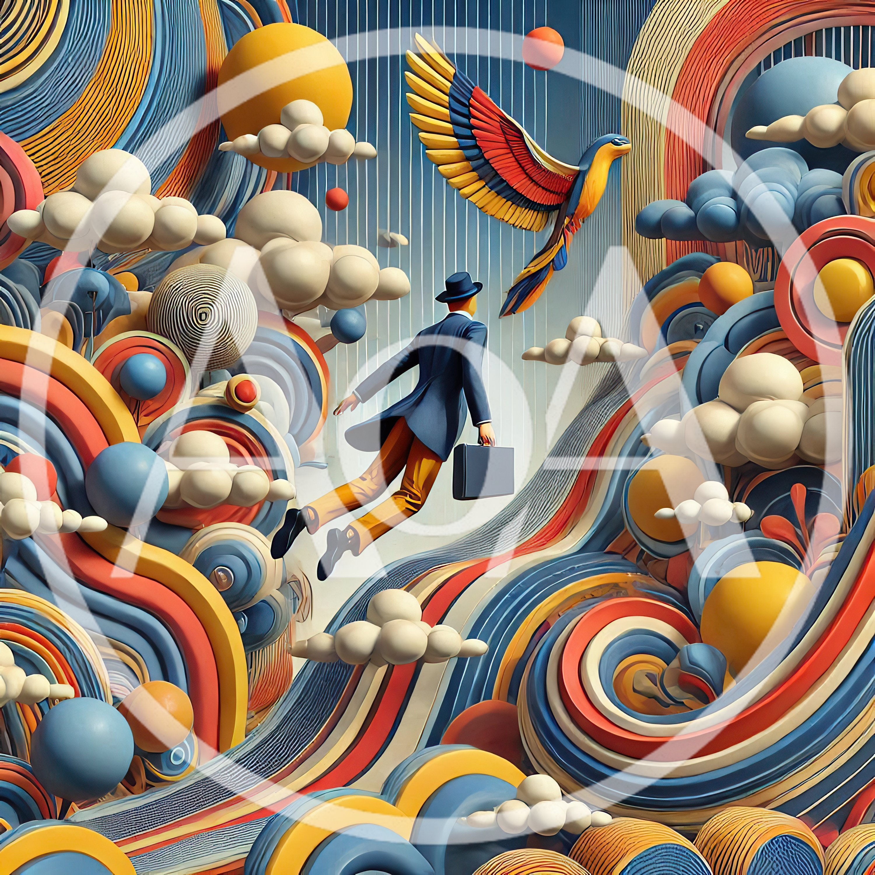 Surreal Businessman Flying Through Abstract Colorful Landscape