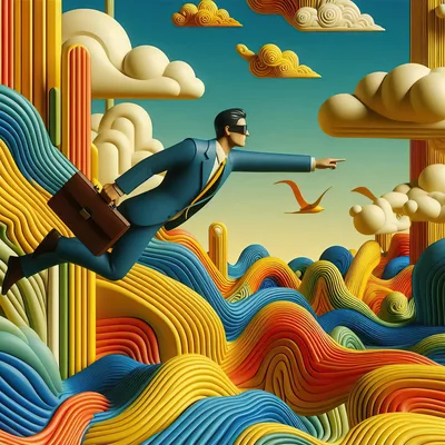 Businessman Flying Over Surreal Abstract Landscape